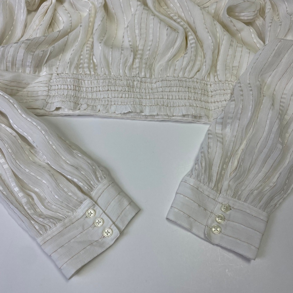 NEW Ann Taylor White Gold Metallic Stripe Mock Neck Blouse Large Bohemian - Picture 13 of 16